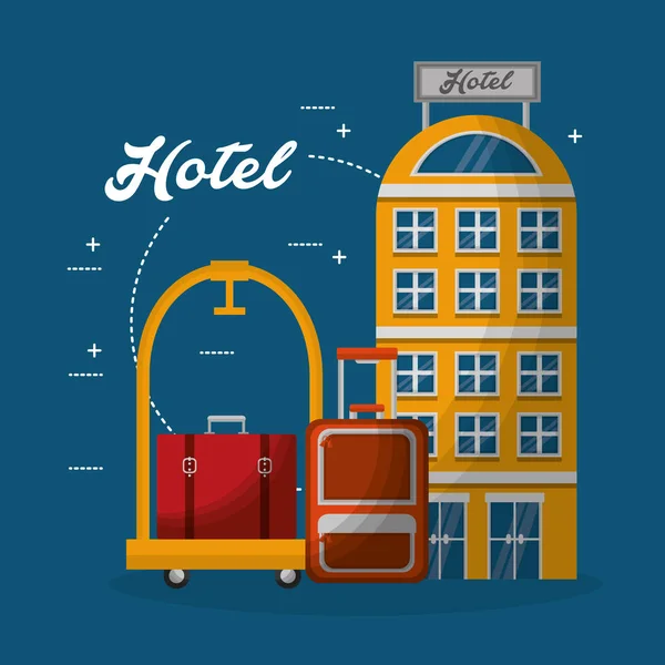 Hotel edifício hotel bagagem trole malas — Vetor de Stock