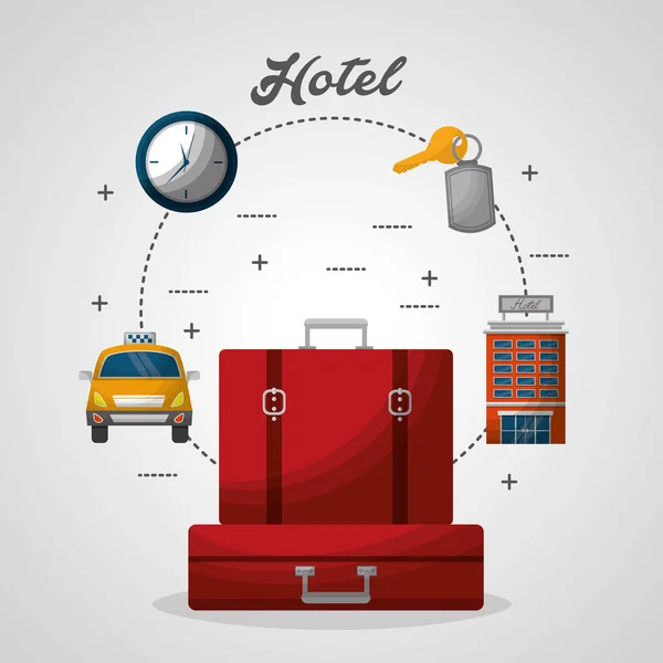 Hotel red suitcases taxi building clock — Stock Vector
