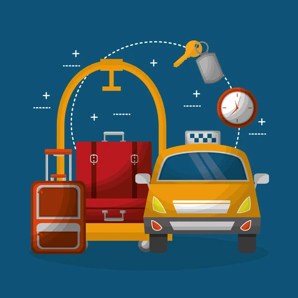 Hotel luggage trolley suitcases equipment and taxi — Stock Vector