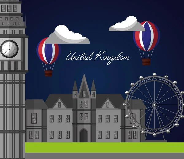 Vereinigtes Königreich Land Flagge Heißluftballon London Auge Big Ben Vektor — Stockvektor