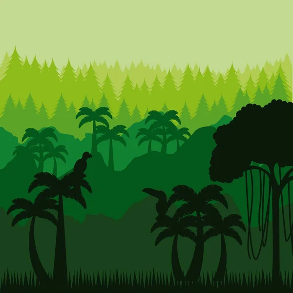 ヤシの木と鳥とジャングルの風景 カラフルなデザイン ブラジル文化の概念 ベクトル図 — ストックベクタ