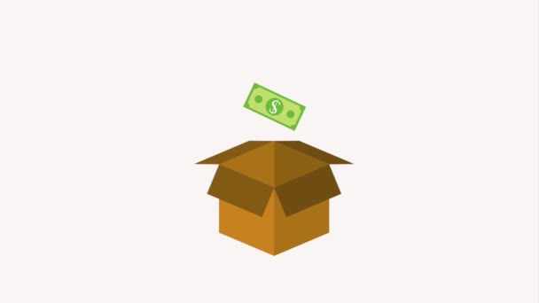Caja de cartón lleno de dinero de billetes dólar — Vídeo de stock