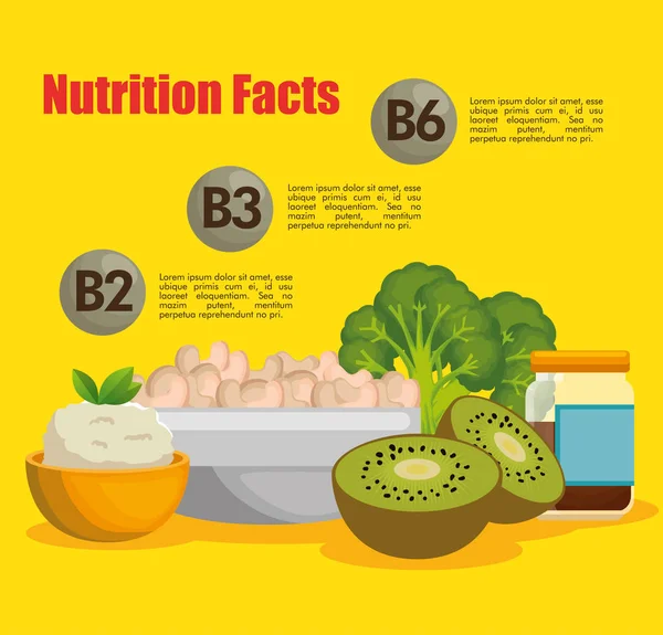 Alimentos saludables con datos nutricionales — Vector de stock