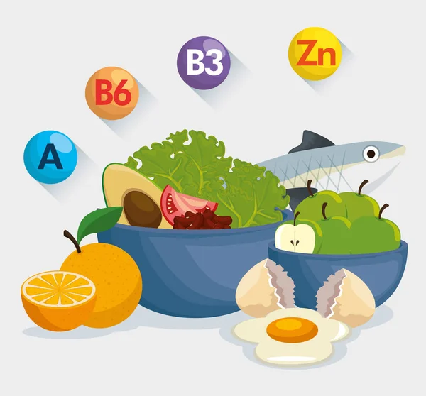 Alimentos saludables con datos nutricionales — Vector de stock