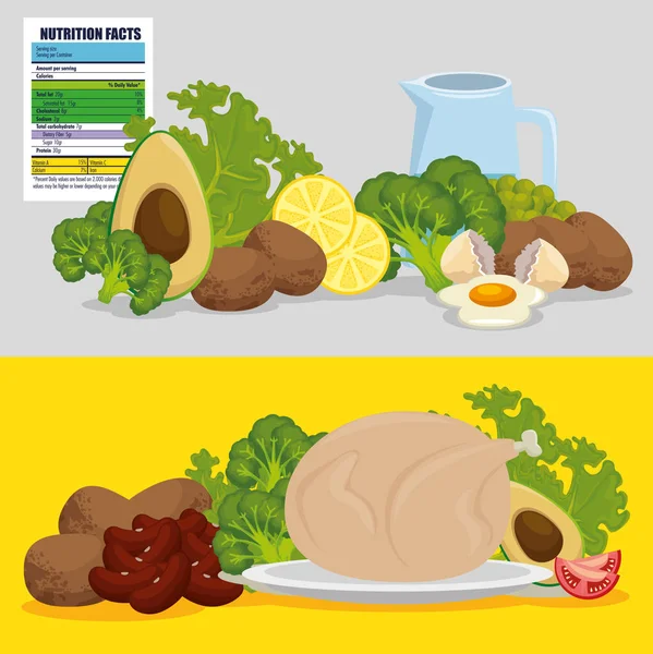 Alimentos saudáveis com fatos nutricionais — Vetor de Stock