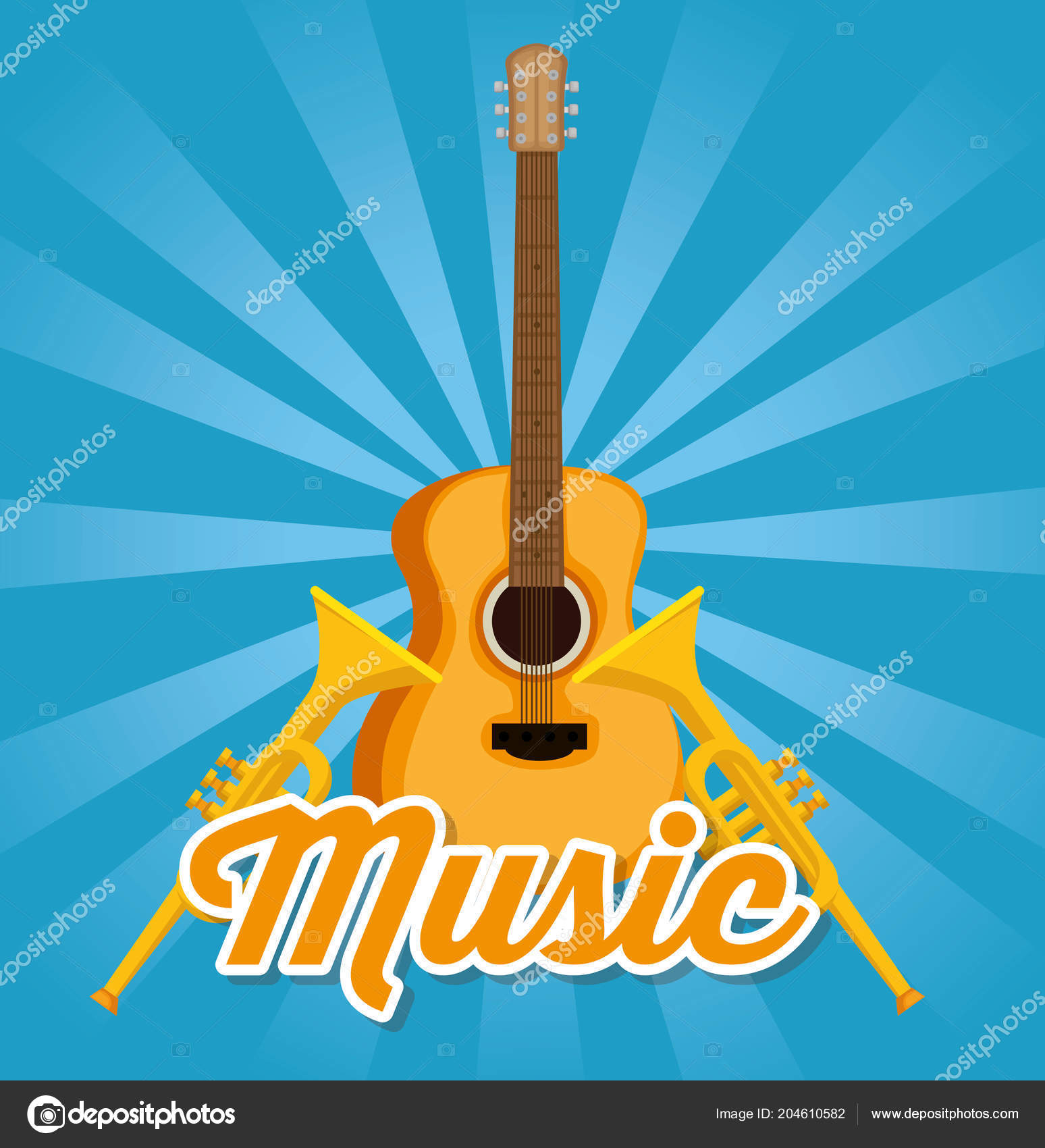 Guitar acoustic and trumpets instruments label Stock Vector Image by