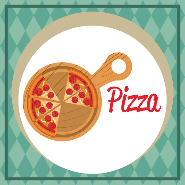 Delicious italian pizza in wooden tray — Stock Vector