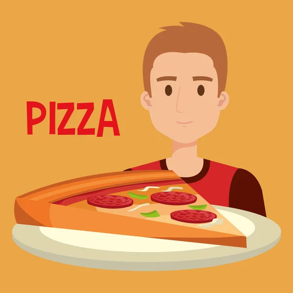 Young man with italian pizza portion — Stock Vector