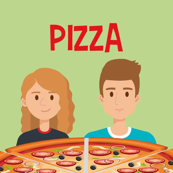 Pareja joven con pizza italiana — Archivo Imágenes Vectoriales