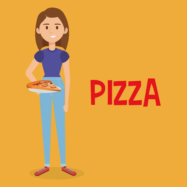 Hermosa mujer con la porción de pizza italiana — Archivo Imágenes Vectoriales