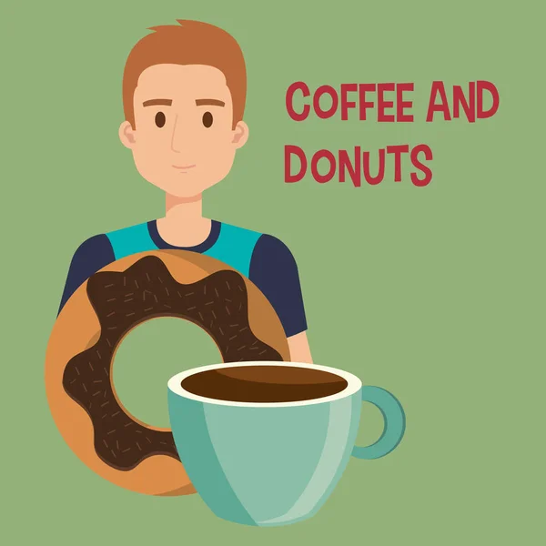 Молодой человек с кофе и пончиками — стоковый вектор