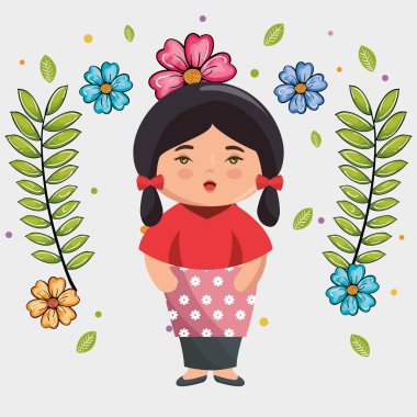 Küçük Japon kız kawaii çiçek karakteri ile