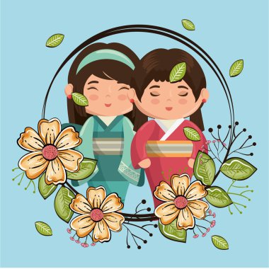 Küçük Japon çift kızlar kawaii çiçek karakterlerle