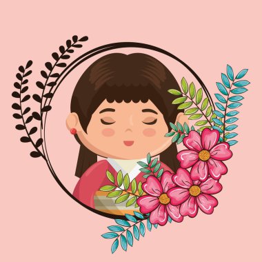Küçük Japon kız kawaii çiçek karakteri ile