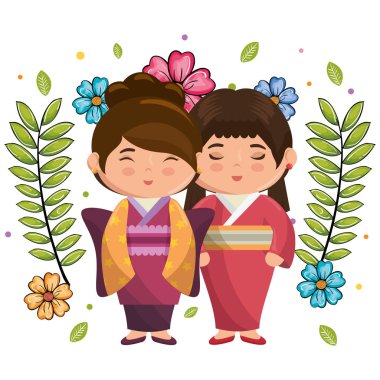 Küçük Japon çift kızlar kawaii çiçek karakterlerle