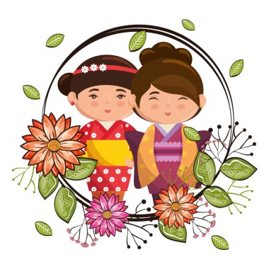 Küçük Japon çift kızlar kawaii çiçek karakterlerle