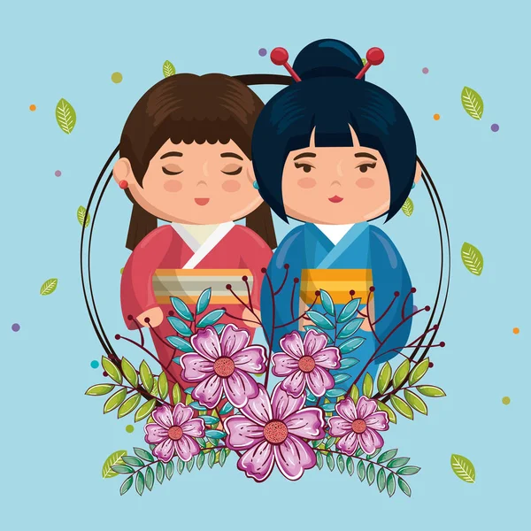 Poco japonés pareja niñas kawaii con flores caracteres — Vector de stock