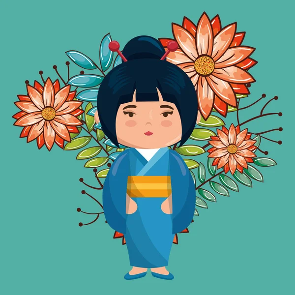 小日本女孩可爱与花字符 — 图库矢量图片