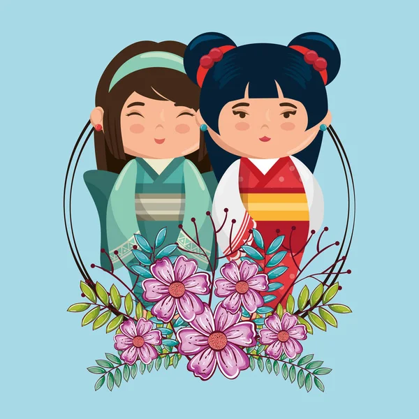 Poco giapponese coppia ragazze kawaii con fiori caratteri — Vettoriale Stock