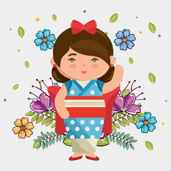 Pequena menina japonesa kawaii com flores caráter — Vetor de Stock