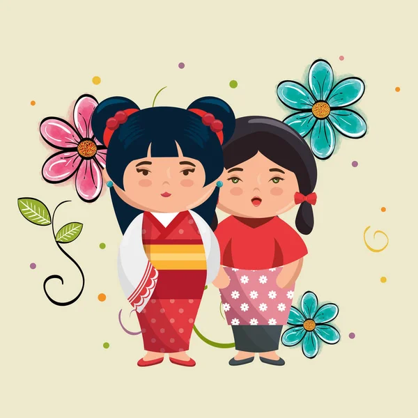 Little japanese couple girls kawaii with flowers characters — Stock Vector