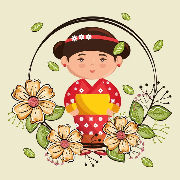 Lite japansk flicka kawaii med blommor karaktär — Stock vektor