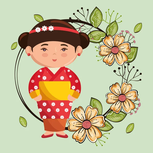 Pequena menina japonesa kawaii com flores caráter — Vetor de Stock