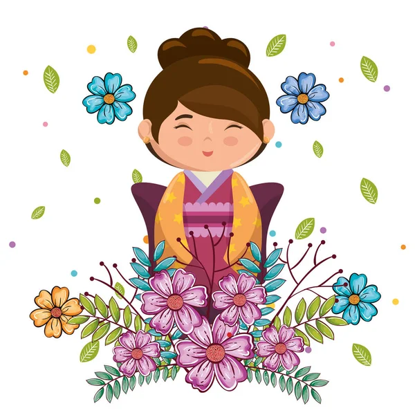 Маленькая японская девочка Кавайи с цветочным характером — стоковый вектор