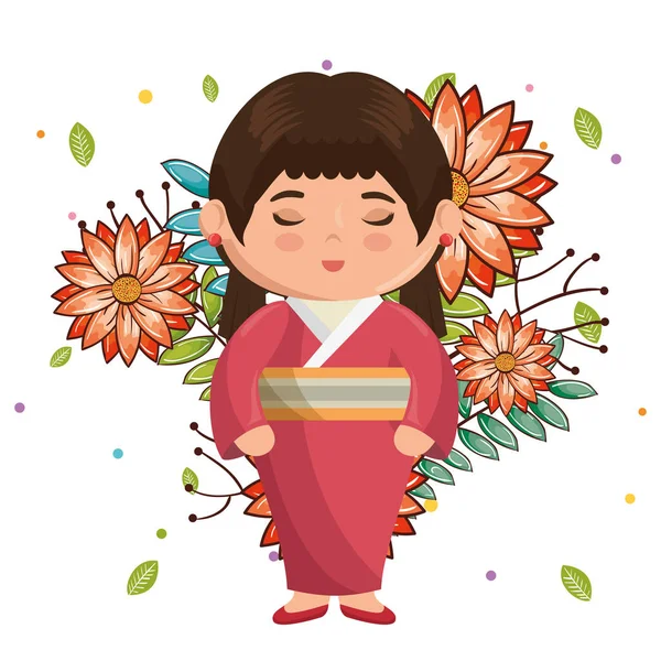 小日本女孩可爱与花字符 — 图库矢量图片