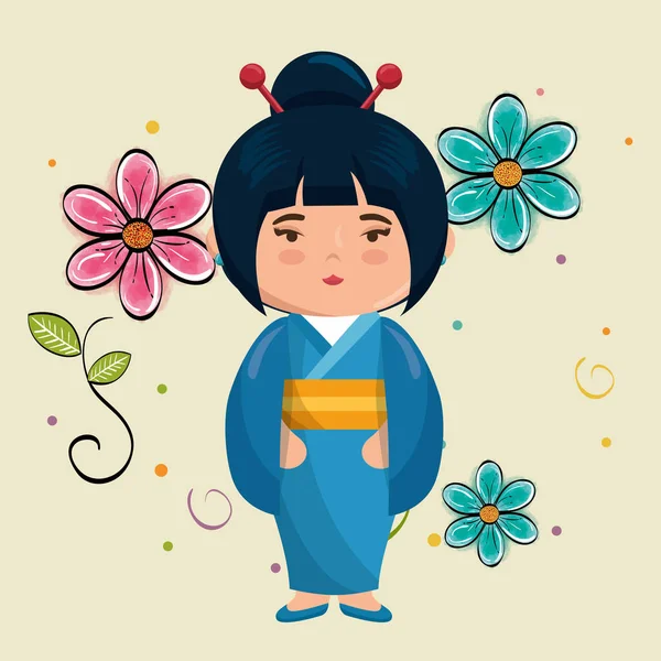 Little japanese girl kawaii with flowers character — Stock Vector