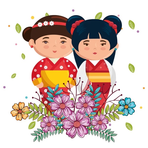 Маленькая японская пара девочек Кавайи с цветами символов — стоковый вектор