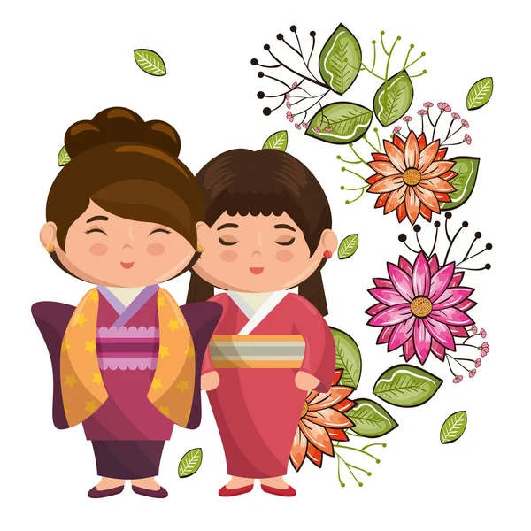 Kleine japanische paar Mädchen kawaii mit Blumen Zeichen — Stockvektor
