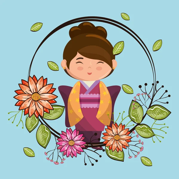 Μικρό ιαπωνικό κορίτσι kawaii με χαρακτήρα λουλουδιών — Διανυσματικό Αρχείο