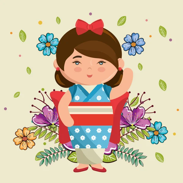 Pequena menina japonesa kawaii com flores caráter — Vetor de Stock