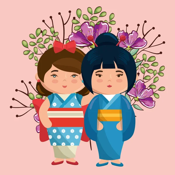 小日本情侣女孩可爱花字符 — 图库矢量图片
