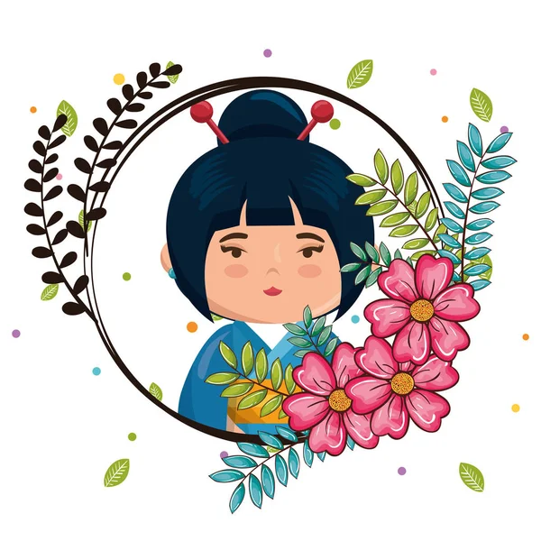 Little japanese girl kawaii with flowers character — Stock Vector