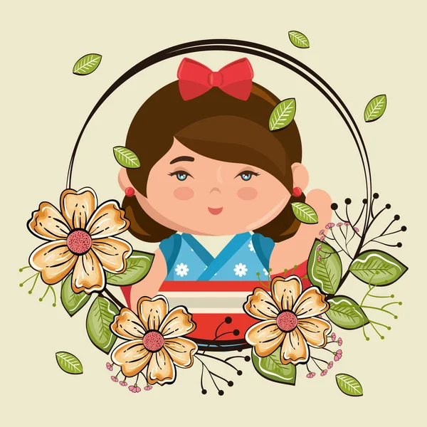 Pequena menina japonesa kawaii com flores caráter — Vetor de Stock