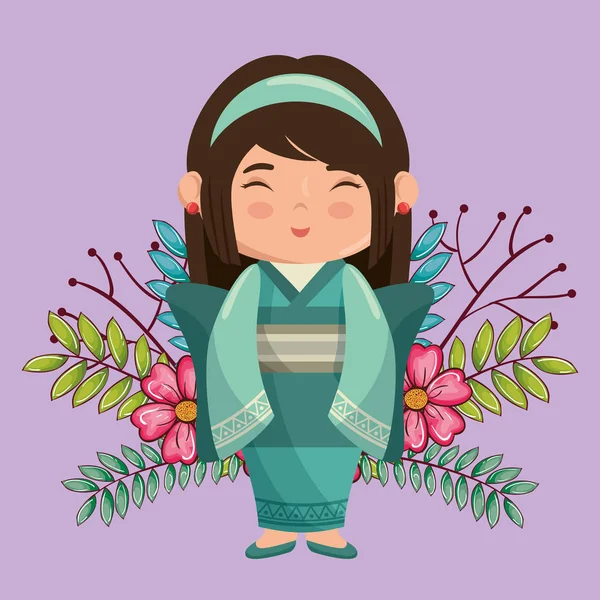 Küçük Japon kız kawaii çiçek karakteri ile — Stok Vektör