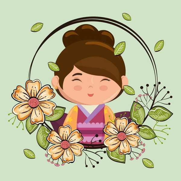 花の文字ベクトル イラスト デザインで小さな日本人の女の子かわいい — ストックベクタ