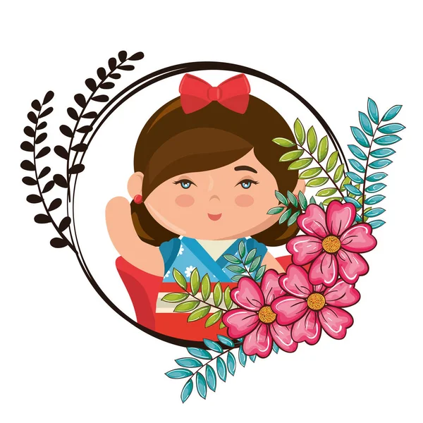 Lite japansk flicka kawaii med blommor karaktär — Stock vektor