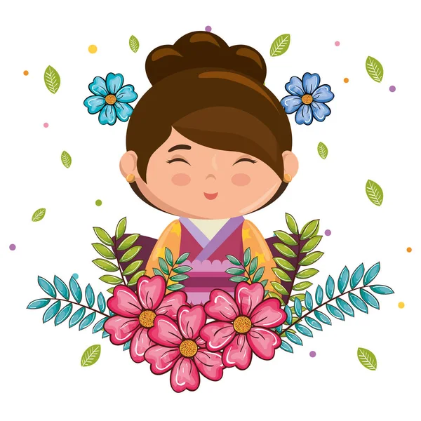 Malá japonská dívka kawaii znakem květiny — Stockový vektor
