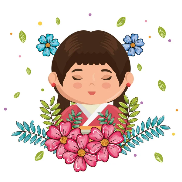 Kleine Japanse meisje kawaii bloemen caractère — Stockvector