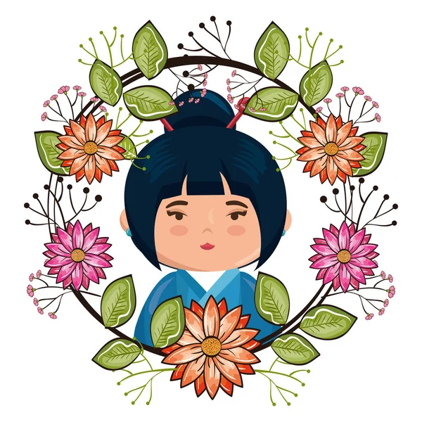 Little japanese girl kawaii with flowers character — Stock Vector