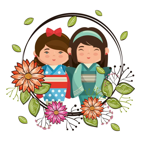 Pouco japonês casal meninas kawaii com flores caracteres — Vetor de Stock