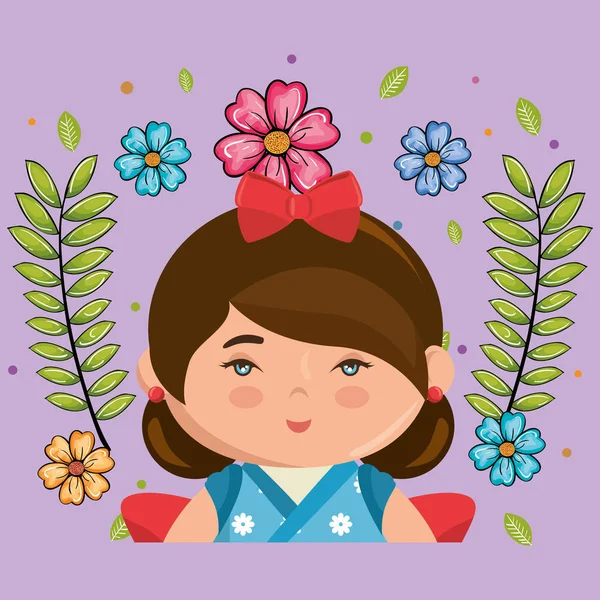 Little japanese girl kawaii with flowers character — Stock Vector
