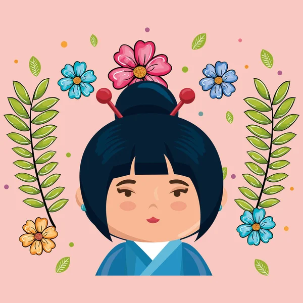 Little japanese girl kawaii with flowers character — Stock Vector