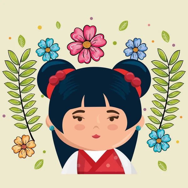 Little japanese girl kawaii with flowers character — Stock Vector