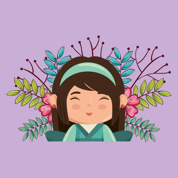 Malá japonská dívka kawaii znakem květiny — Stockový vektor