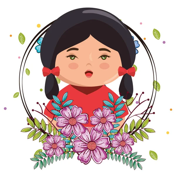 Poco japonés chica kawaii con flores carácter — Archivo Imágenes Vectoriales