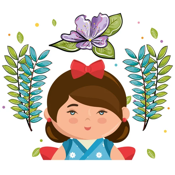 Little japanese girl kawaii with flowers character — Stock Vector